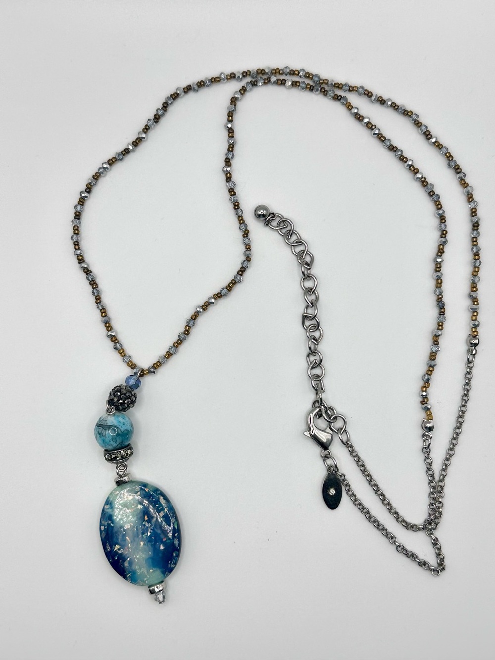 Chico’s Long Statement Pendant Drop Necklace - Blue Sparkles Resin Silvertone